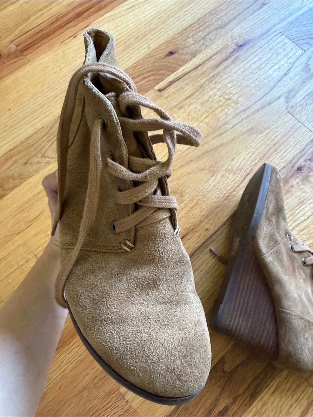 Lucky Brand Lace-Up Wedge Booties in Tan Suede